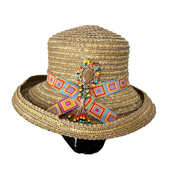 ERIC JAVITS Straw Sun Hat Boho Beaded Bucket Cloche USA Women’s Resort Rainbow - Picture 3 of 10